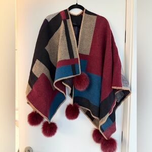 Nordstorm Asymmetrical Geometric Wool Poncho Cape with Fox Fur Pom Poms One size